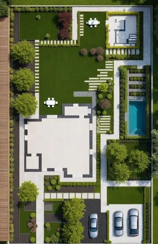 a square house and some cars in the yard,floorplan,private estate,house floorplan,mansion,large home,floorplan home