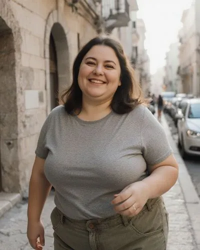 eine 23 jährige hübsche übergewichtige griechin in landestypischer Freizeitkleidung in einer mittelgroßen stadt in griechenland. komplett angezogen,a woman on the street smiling for the camera,body po
