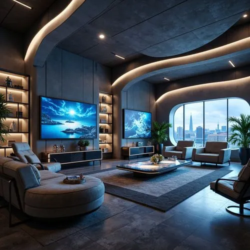 Futuristic living room, sleek minimalist decor, curved lines, metallic accents, glowing LED lights, translucent glass tables, ergonomic chairs, hovering shelves, holographic displays, ambient Occlusio