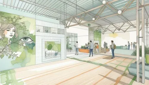 an artists perspective shows a room with many people and paintings,school design,aviaries,core renovation,redevelopment,renovation,fitness center,glasshouse,greenhouse,loft,aqua studio,catwalks,workin