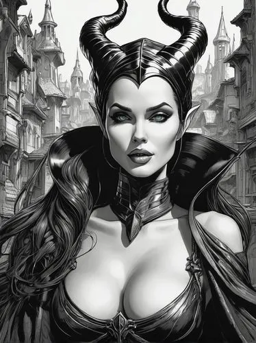 comic art|lineart wunderschöne atemberaubende Maleficent, sehr muskulös, breiter Rücken, grosse Nackenmuskeln, schüchternes Lächeln. inspiriert von GIGER und MUCHA, gezeichnet von ROYO, beautiful and 