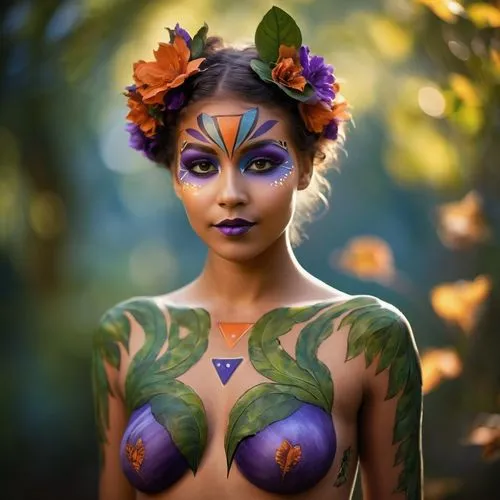 in a whimsical body painting, the girl's face is a deep shade of purple, with a curved round eyebrow bursting with hints of rustling leaves and shadows. Her skin is a soft orange, and her eyes are wid