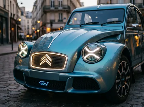 Wie würde eine modere Variante der Citroen 2CV Ente als Elektroauto heute aussehen? Erstelle ein atemberaubendes Design, das gleichzeitig Eleganz und Nostalgie vereint.,there is Citroen 2CVV that is p