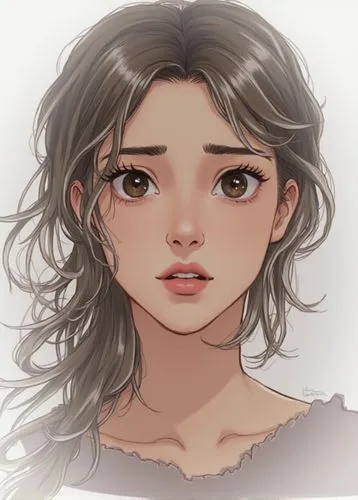 kobieta, obie gałki oczne skierowane mocno do środka kącików oczu i w górę patrzy na swoje brwi,an anime image of a  with long hair and blue eyes,arrietty,eponine,liesel,cosette,krita,girl portrait,ar