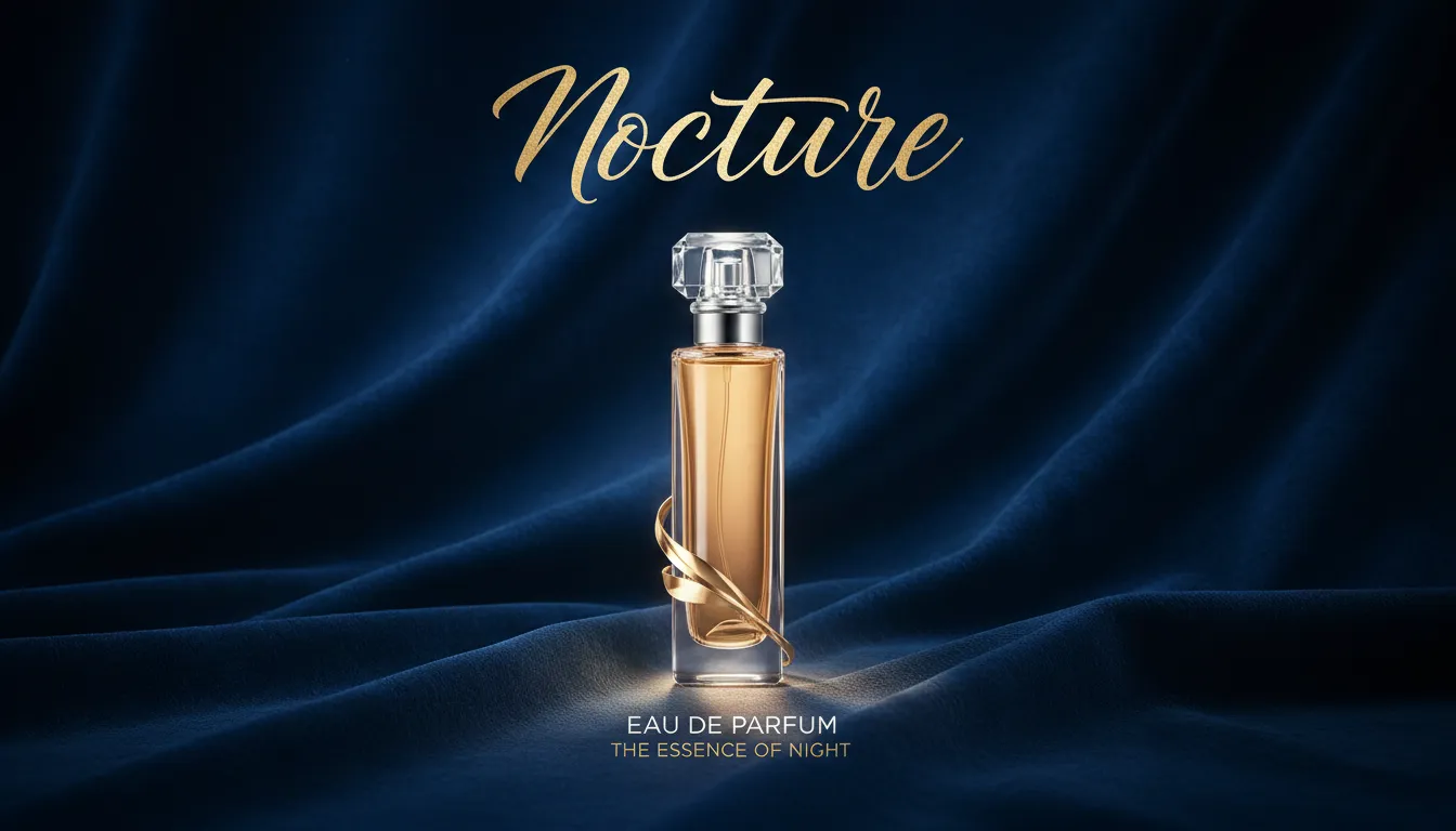 Un elegante poster per una bottiglia di profumo, su uno sfondo ricco di texture vellutata blu scuro generato da PromeAI.