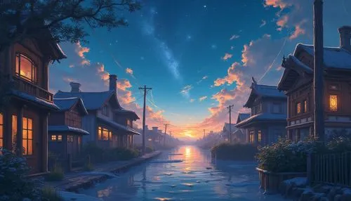LOFI,the painting shows water and clouds on a street,evening atmosphere,fantasy landscape,aurora village,kinkade,night scene,fantasy picture,world digital painting,cloudstreet,winter night,in the even