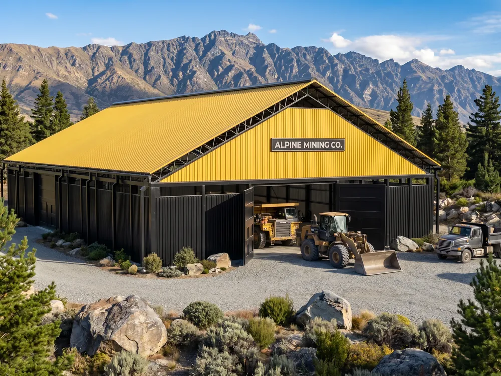 this yellow barn with a yellow roof is on the mountain