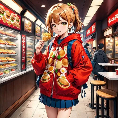 japanese style, manga, realistic,colors,autum,fastfood,a person wearing a school uniform is walking through a fast food place,takoyaki,anime japanese clothing,kasumi,foodgoddess,jiarui,yayoi,Anime,Ani