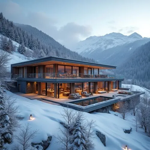 Design a luxury ski-in/ski-out villa in the Alps with a glass atrium, heated terraces, and an indoor spa with mountain views.,an unusual house with large windows sitting on the top of a snow covered h