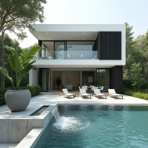 A modern, minimalist house with a contemporary design, featuring a white exterior with black slatted balconies and a glass-enclosed pool area. the house is surrounded by lush greenery, with trees and 