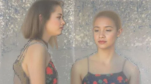 Two young women in front of a tree.,two pictures of women with faces in a photo,mirror image,doll looking in mirror,two girls,portrait background,mirror reflection,transparent background,picture desig