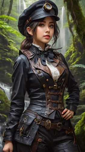 1girl, waist height portrait, full body, beautiful anime girl, detaild cute face, detaild large anime eyes, detaild lips, highly detaild vantablack hair, short ponytail, anime style, wear steampunk st