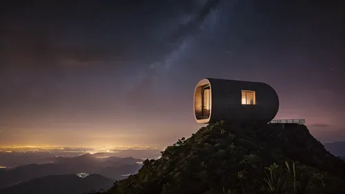 warm tropical architecture minimalist concrete capsule in top of a mountain with the stars of the night timelapse, high quality, 8k