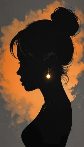 the drawings drawn were cute, in the style of feminine portraiture, golden light, soft gray, pensive poses, smokey background, soft orange and  black, light & shadow ,woman silhouette,silhouette art,s