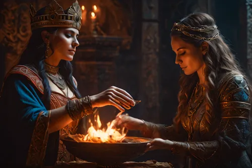 A priestess offering a sacrifice to a deity, dark fantasy, medieval,candlemaker,candlemas,golden candlestick,offering,celebration of witches,offerings,burning candle,accolade,fortune telling,candle li