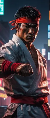 Street Fighter AI, Ryu, solo, muscular man, karate gi, red headband, intense gaze, fighting stance, urban street, cityscape, neon lights, night scene, misty atmosphere, dramatic lighting, cinematic co