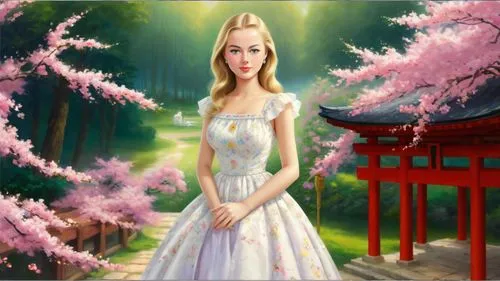 Romantic masterpiece oil painting, cute girl portrait, nostalgic 1950's style kitsch, beautiful exotic rural vast Japanese landscape, cherry blossom scenery, Shinto Japanese sakura, flower petals, by 