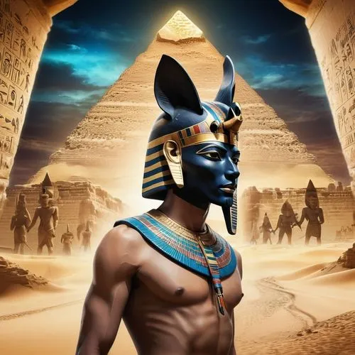 Anubis, represented by the head of a jackal, takes on a muscular male human body and looks at the mask of Tutankhamun, in the background a large wall adorned with brightly colored Egyptian hieroglyphi