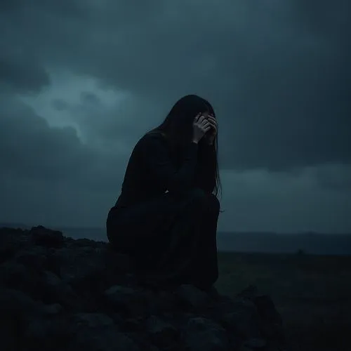 A woman sitting on a pile of black rocks. The women is wearing a black dress and has long black hair. They are holding their heads with their hands and look in pain. In the background is a dark and st