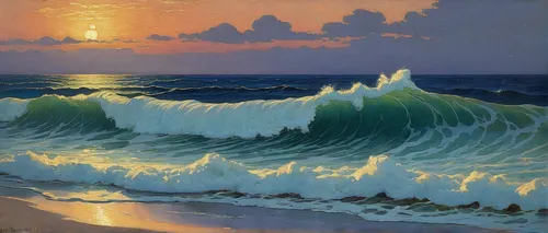 Carl Kenzler (1872-1947), sea surf in the evening,ocean waves,tsunami,el mar,japanese waves,ocean,seascape,tidal wave,water waves,beach landscape,waves,sea landscape,emerald sea,sun and sea,sea,oil pa