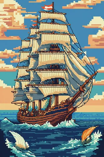 Describe the majestic tall ships racing in a fierce competition.,full-rigged ship,galleon ship,sail ship,sea sailing ship,tallship,pixel art,tall ship,barquentine,friendship sloop,manila galleon,saili