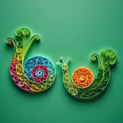 Craft illustration of two quilled colorful snails, on a green background, artisanal cartoon style, evoking cute art,,a paper art design, with swirls and dots,colorful birds,flower and bird illustratio