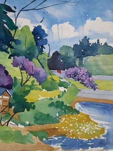 Лиловая сирень у дома, акварель,a painting of trees, flowers and bushes beside water,watercolor,watercolor background,garden pond,watercolor painting,jacarandas,brook landscape