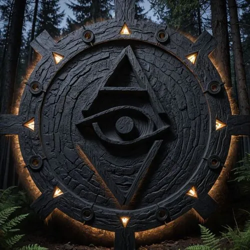 a unique, futuristic sculpture of an eye, with the help of glowing eyes,all seeing eye,esoteric symbol,pentagram,circular star shield,pentacle,witch's hat icon,runes,portal,pagan,illuminate,witches pe