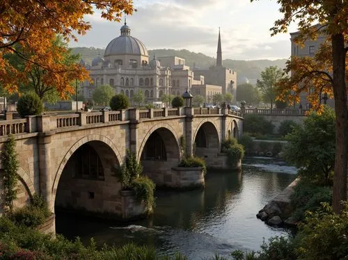 Ancient stone bridges, ornate balustrades, rustic arches, weathered stonework, moss-covered piers, gentle water flow, serene riverbanks, lush greenery, vibrant flowers, historic cityscape, warm golden