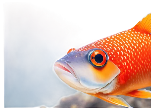 Colorful fish, JPG format, aquatic animal, scales shining, fins flowing, swimming pose, detailed eyes, bright orange body, white belly, coral reef background, soft sunlight filtering through water, 3/