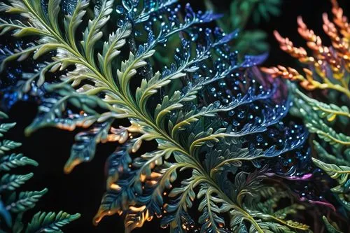 Intricate matrix ornaments 🌊✨, 8K 📺, HD 🌟, high render 🎨.,green plants and leafy foliage are lit up,dryopteris,myriophyllum,pteris,peacock feathers,fractals,garmab,blechnum,fern leaf,light fractal