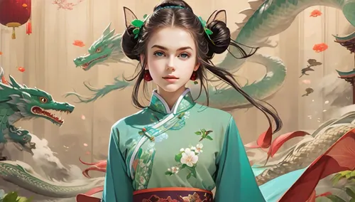 in the middle of the picture is a Chinese-style cheongsam, character design inspired by anime style, Japanese folk art, surrounded by clothing and accessories of the same style, fisheye lens, up view,