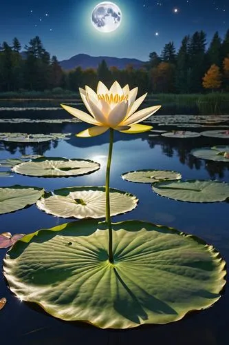 A creatively interpreted impressionist image showcases a large, radiant lily pad adorned with shimmering, floral tendrils, gently drifting on a tranquil and radiant lake beneath the gentle glow of a f