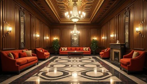 Art Deco hostel, luxurious lobby, corrugated metal walls, metallic sheen, geometric patterns, ornate details, grand chandelier, marble floors, high ceilings, lavish furnishings, bold color scheme, 192