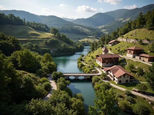 Rolling hills, serene lakeside, lush green forests, meandering streams, rustic wooden bridges, regional cultural heritage, traditional architectural styles, locally-sourced materials, earthy color pal