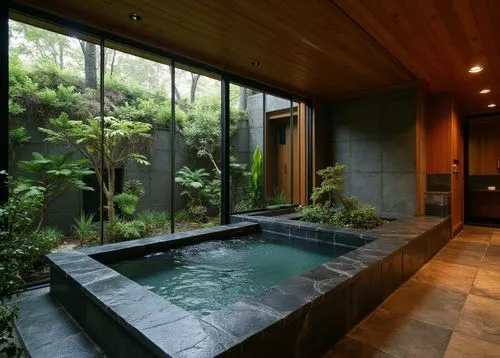Zen-inspired spa bathroom with an indoor-outdoor aesthetic, featuring a sunken hot tub surrounded by dark stone tiles. A lush vertical garden with ferns and moss lines the back wall, visible through l