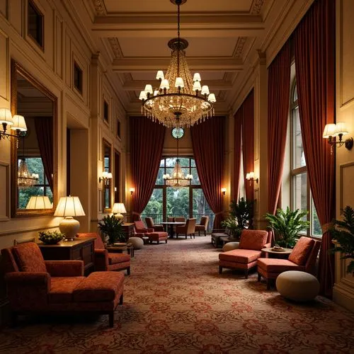 Rustic chandeliers, distressed metal lanterns, warm golden lighting, ornate ironwork, vintage sconces, crystal drop pendants, lavish candelabras, rich velvet drapes, dark wood paneling, luxurious furn
