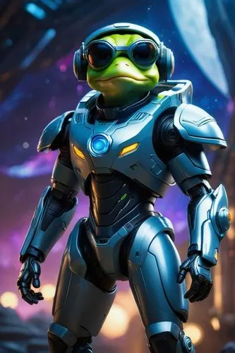 frog dog inu immaculate full body cyberpunk style robot with virtual reality glasses, going to the moon,a star wars character in action with a helmet on,frog background,light year,clank,megabyte,sigma