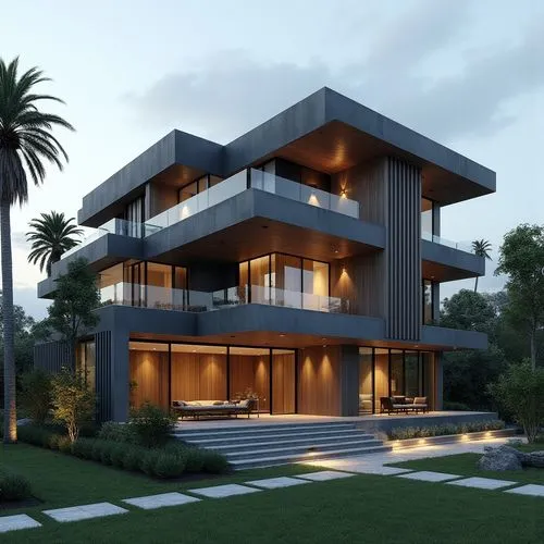 A hyper-realistic, high-resolution architectural photograph of a multi-level, contemporary luxury residence featuring a sleek, geometric design. The exterior is composed of smooth, matte charcoal-gray
