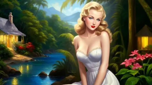 Romantic masterpiece oil painting, cute girl portrait, nostalgic 1950's style kitsch, vibrant rainforest landscape, lush tropical jungle paradise, summer beach vacation seaside cottage scenery, by Tho