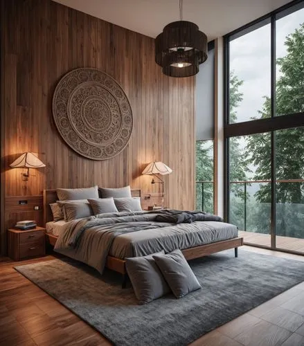 a bedroom with wood wall and a floor to ceiling window,sleeping room,modern room,headboards,great room,bedroom,headboard,Photography,General,Realistic