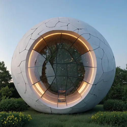 1. Forma general del domo:

Estructura semi ovalada con textura entrelazada en patrón de trenzado, hecha de concreto tipo concreto impreso en 3D. 100 mts2. máx. 10 metros de altura

El entorno es un p