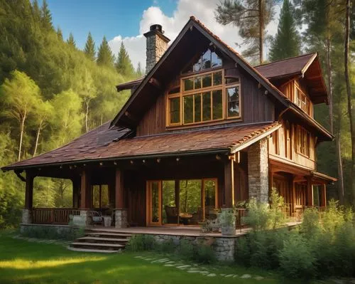 Stick Style Architecture, wooden villa, American country house, rustic exterior walls, wooden planks, large windows, steeply pitched roof, chimney, greenery surroundings, forest trees, overhanging bra