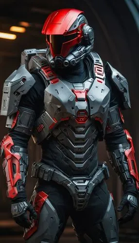 cyber cyborg operative with an intimidating tactical red helmet visor and grey tactical body armour,kosmus,war machine,spartan,megatron,alien warrior,carapace,dreadnought,ironman,enforcer,halo,nova,sh