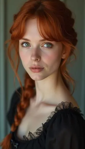 Fotografía. Retrato de una pelirroja hermosa, ojos grises, rasgos muy femeninos y delicados, cara perfecta. 
Viste un babydoll color negro, y delgada adornada con un moño  pequeño. ,the woman with bea