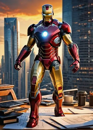 Iron Man blueprint, Tony Stark, muscular male, superhero, red and gold armor, glowing blue eyes, confident pose, hands on hips, standing, cityscape, skyscrapers, sunset, warm lighting, detailed metall