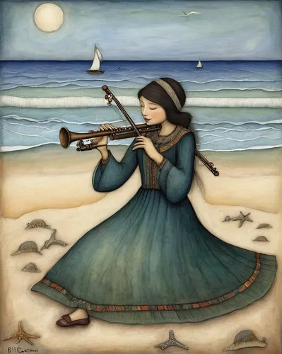 Write a song lyrics expressing the joy and freedom felt by a flutist playing by the seashore.,woman playing violin,flautist,violin woman,the flute,itinerant musician,violin player,flute,woman playing,