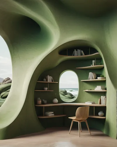(a matcha green study room of a wave architecture: 1.2), bookshelf, a digital rendering, inspired by Filip Hodas, unsplash contest winner, (minimalist:1.3), conceptual art, sandstone natural sculpture