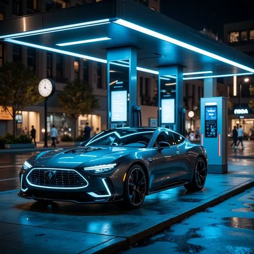 Neon-lit futuristic charging station, metallic silver accents, glowing blue LED lights, sleek glass surfaces, high-gloss black finishes, dynamic angular lines, minimalist modern design, electric vehic