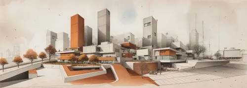 an architectural rendering of the building shows the entrance to the complex and buildings,futuristic landscape,futuristic architecture,spaceports,city scape,spaceport,concept art,sky space concept,in